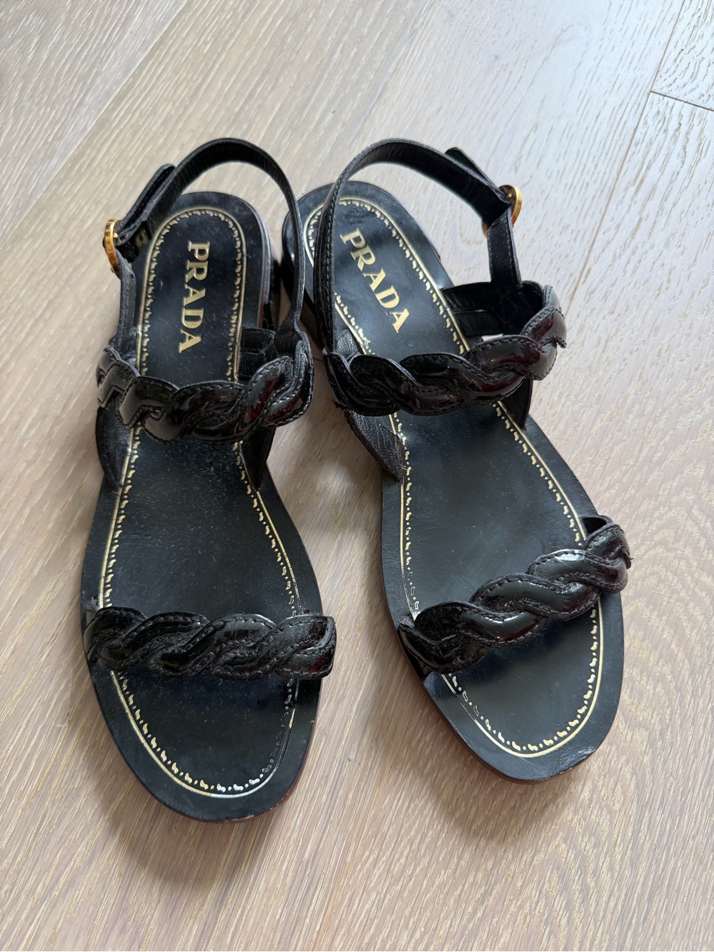 Prada Black Braided Leather Slingback Sandals with Gold Buckle